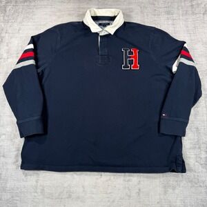 Tommy Hilfiger Shirt Mens 4XL Navy Blue Varsity Patch Long Sleeve Rugby Polo